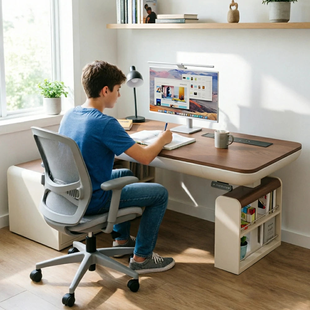 LUXORA Single Motor Height Adjustable Executive Office Desk Smart Lift Workstation Home Study Desk Storage Design - Walnut & Beige