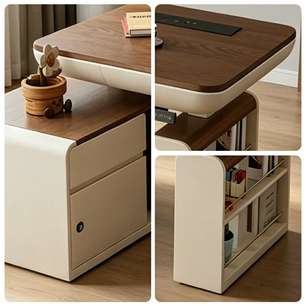 LUXORA Single Motor Height Adjustable Executive Office Desk Smart Lift Workstation Home Study Desk Storage Design - Walnut & Beige