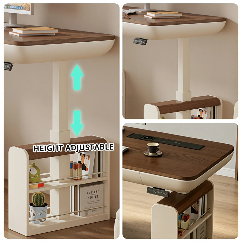 LUXORA Single Motor Height Adjustable Executive Office Desk Smart Lift Workstation Home Study Desk Storage Design - Walnut & Beige