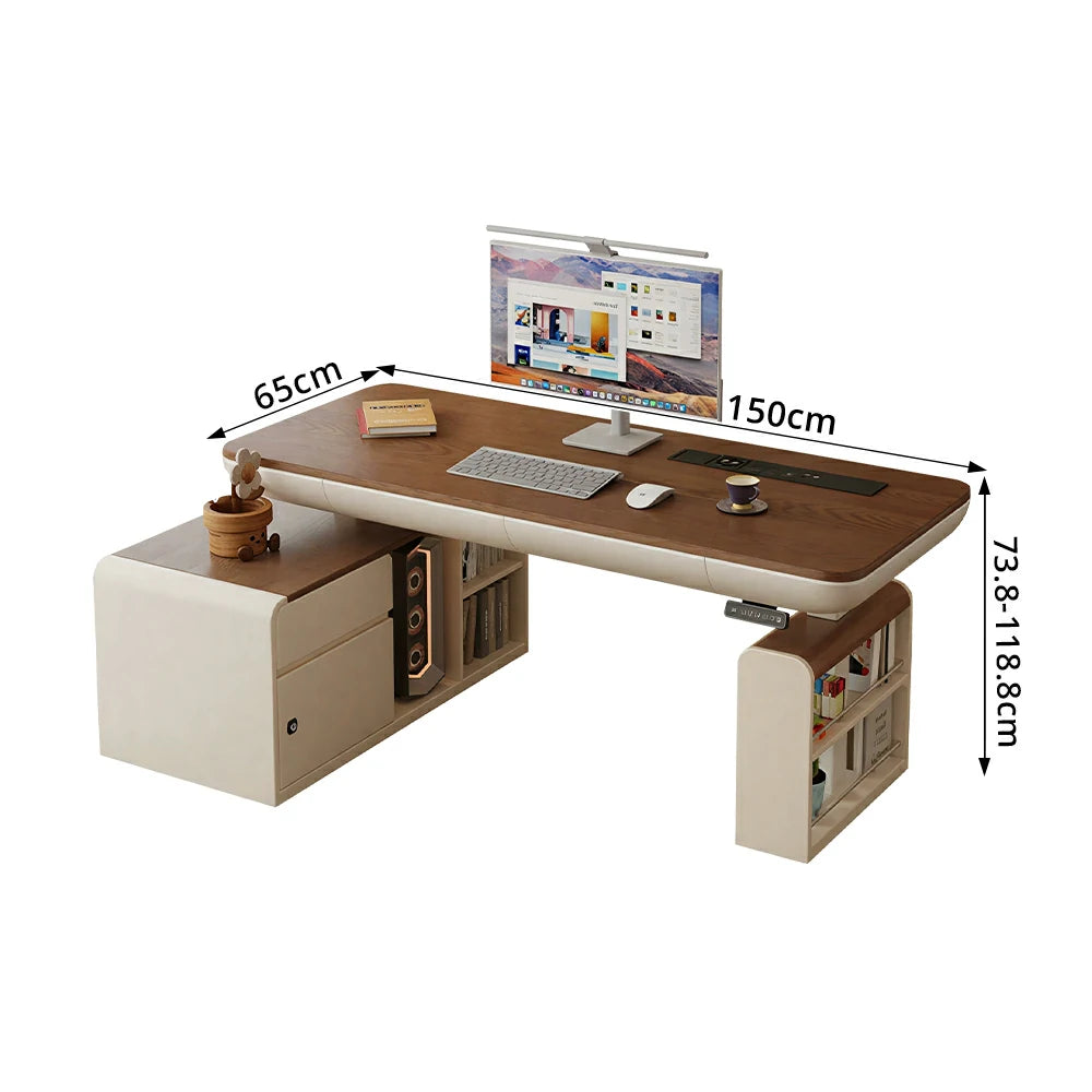 LUXORA Single Motor Height Adjustable Executive Office Desk Smart Lift Workstation Home Study Desk Storage Design - Walnut & Beige