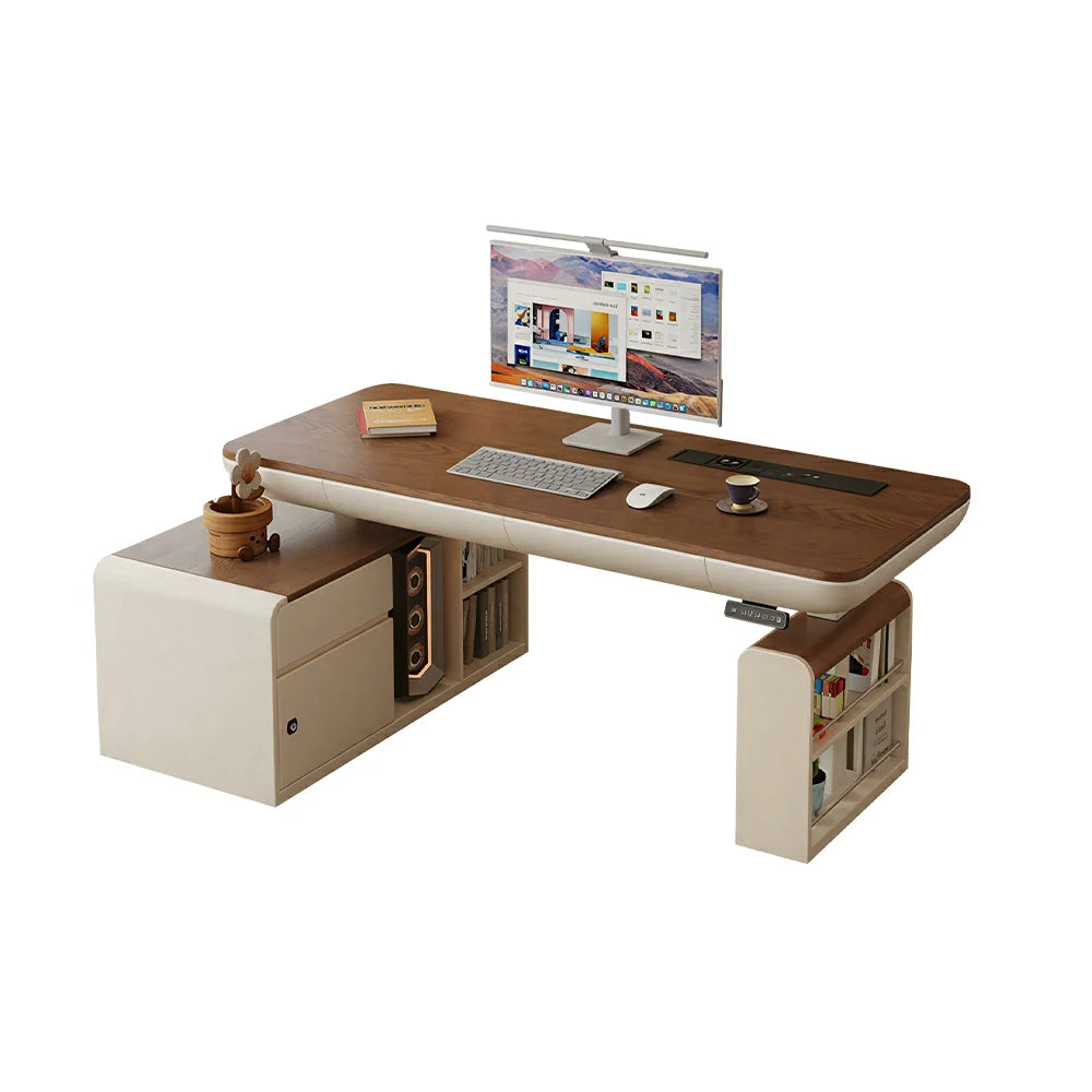 LUXORA Single Motor Height Adjustable Executive Office Desk Smart Lift Workstation Home Study Desk Storage Design - Walnut & Beige