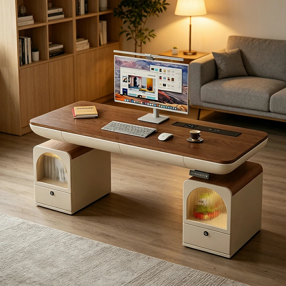 LUXORA Single Motor Height Adjustable Standing Desk 0.6m Executive Office Desk with Fingerprint Lock Cabinet Smart Workstation Home Study - Walnut & Antibacterial Black Rock Board