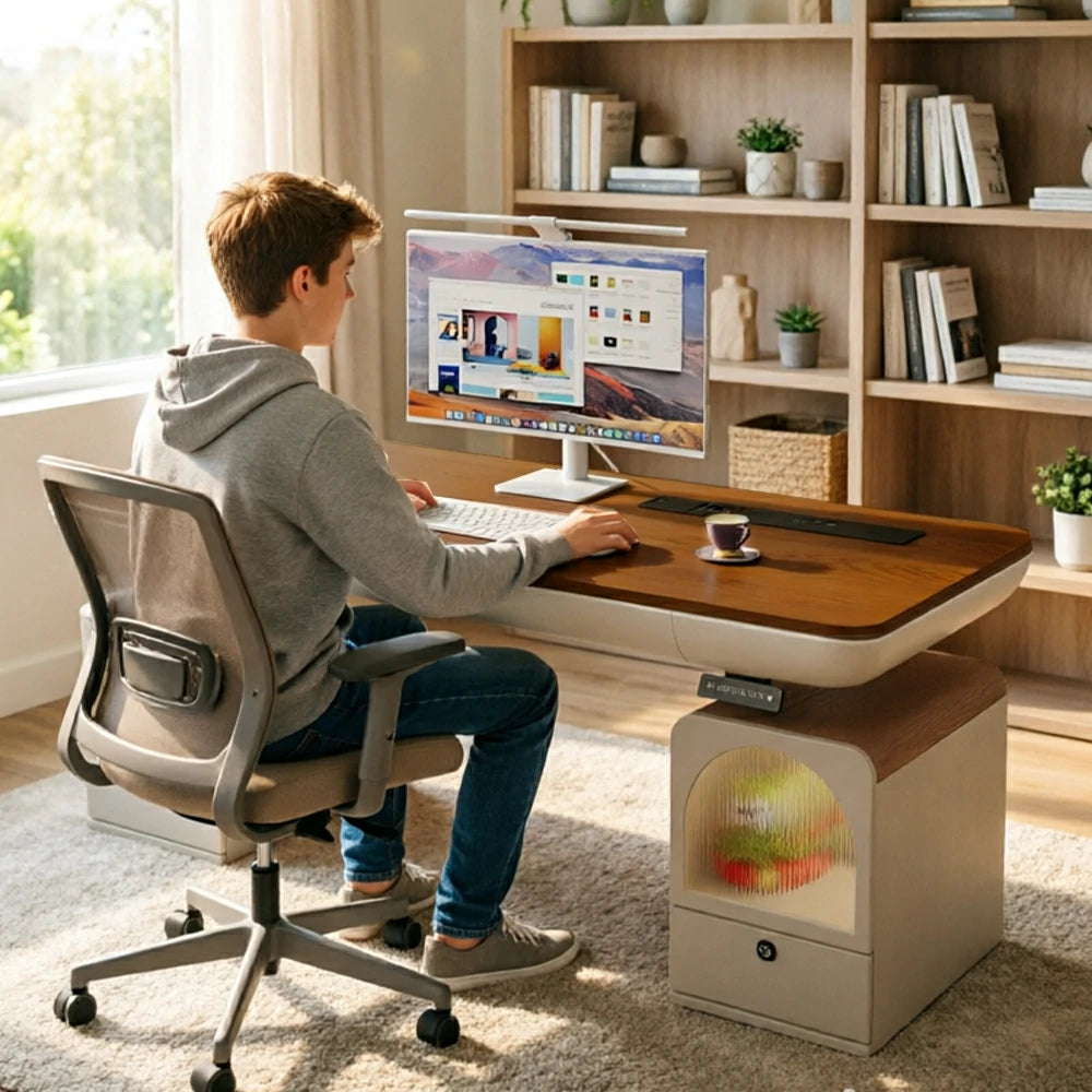 LUXORA Single Motor Height Adjustable Standing Desk 0.6m Executive Office Desk with Fingerprint Lock Cabinet Smart Workstation Home Study - Walnut & Antibacterial Black Rock Board
