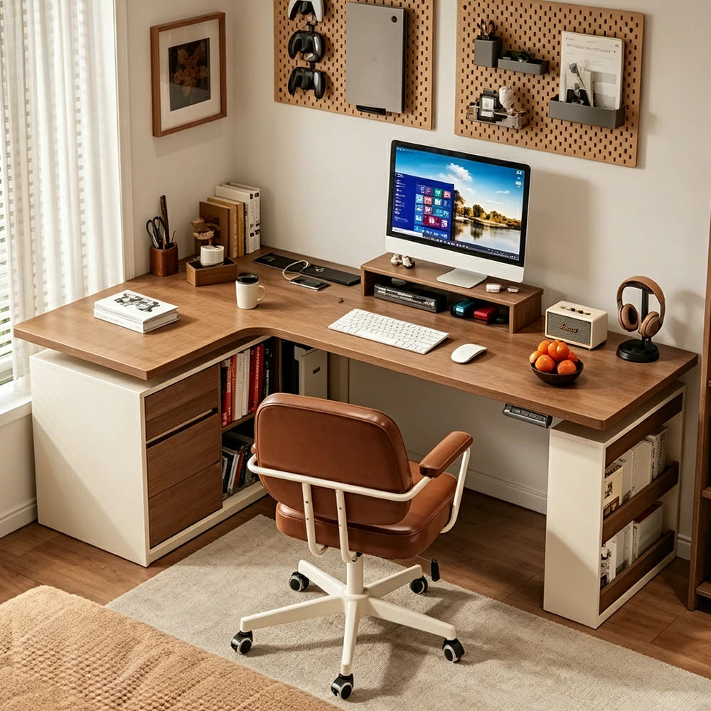 LUXORA 1.4m L-Shaped Electric Height Adjustable Corner Desk Smart Executive Workstation Home Office Storage Desk - Walnut & Cream