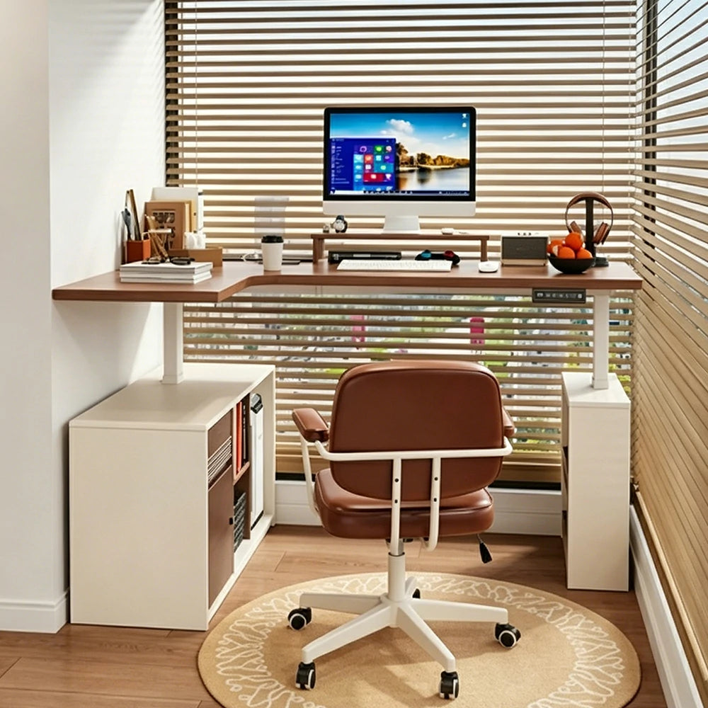 LUXORA 1.4m L-Shaped Electric Height Adjustable Corner Desk Smart Executive Workstation Home Office Storage Desk - Walnut & Cream