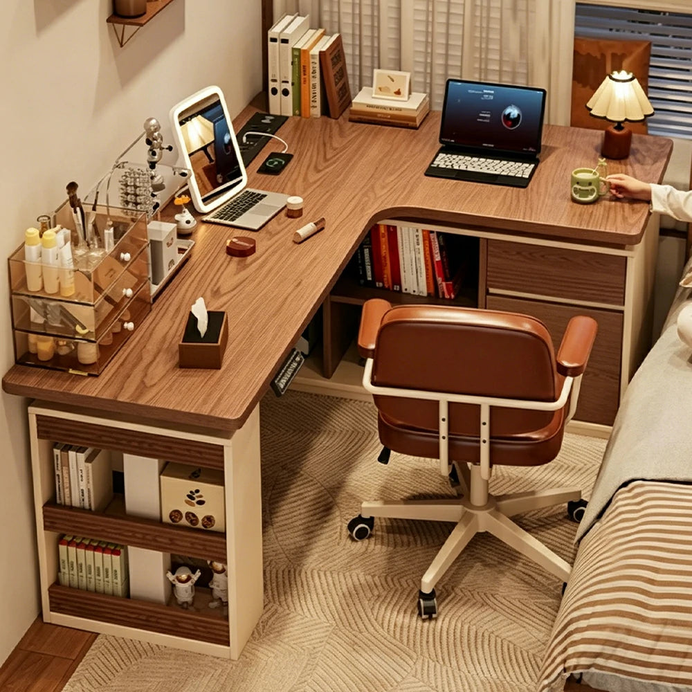 LUXORA 1.4m L-Shaped Electric Height Adjustable Corner Desk Smart Executive Workstation Home Office Storage Desk - Walnut & Cream