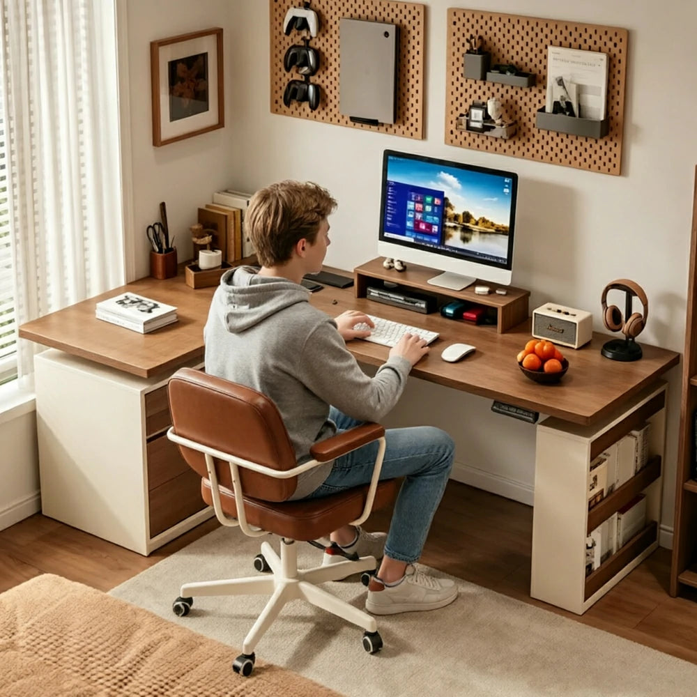 LUXORA 1.4m L-Shaped Electric Height Adjustable Corner Desk Smart Executive Workstation Home Office Storage Desk - Walnut & Cream