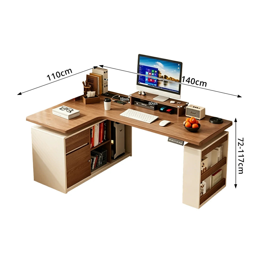 LUXORA 1.4m L-Shaped Electric Height Adjustable Corner Desk Smart Executive Workstation Home Office Storage Desk - Walnut & Cream