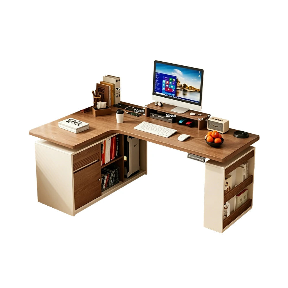 LUXORA 1.4m L-Shaped Electric Height Adjustable Corner Desk Smart Executive Workstation Home Office Storage Desk - Walnut & Cream