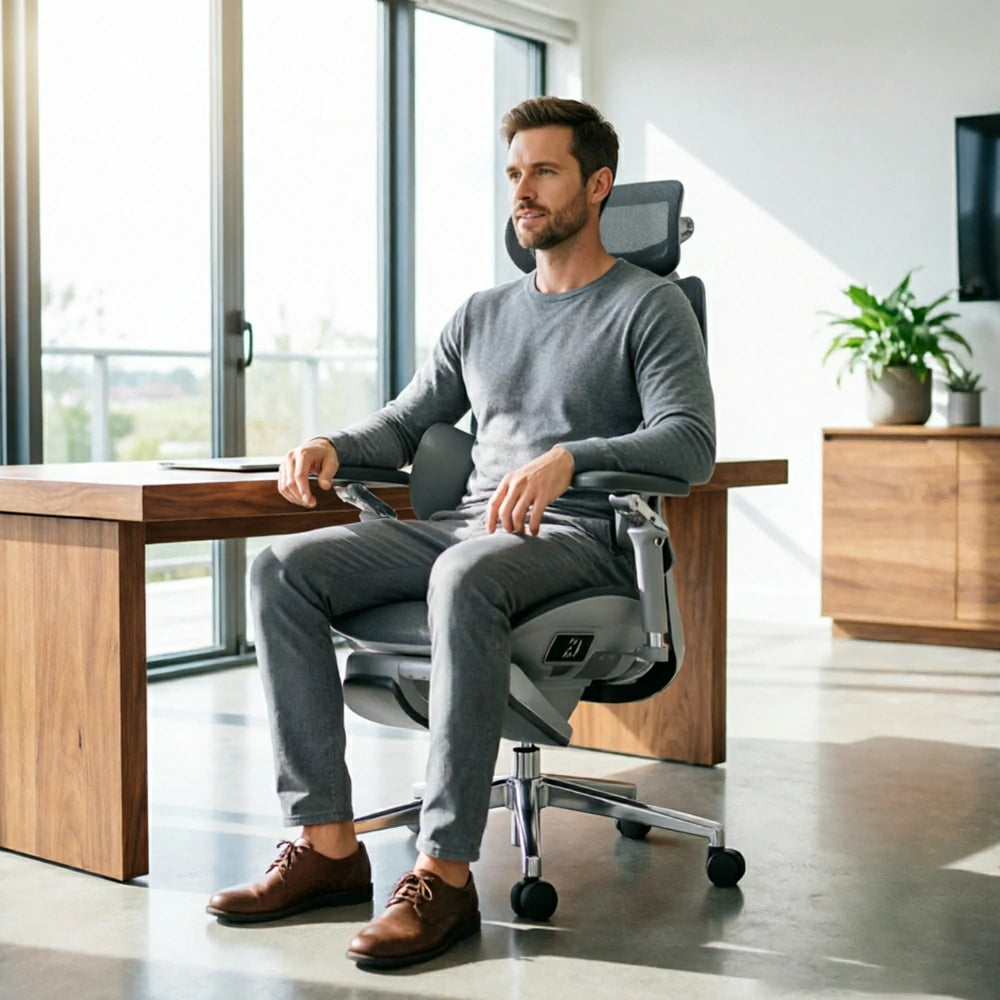 LUXORA  X7 Premium Ergonomic Office Chair Electric Reclining Chair with Massage Heat Support Footrest - Grey