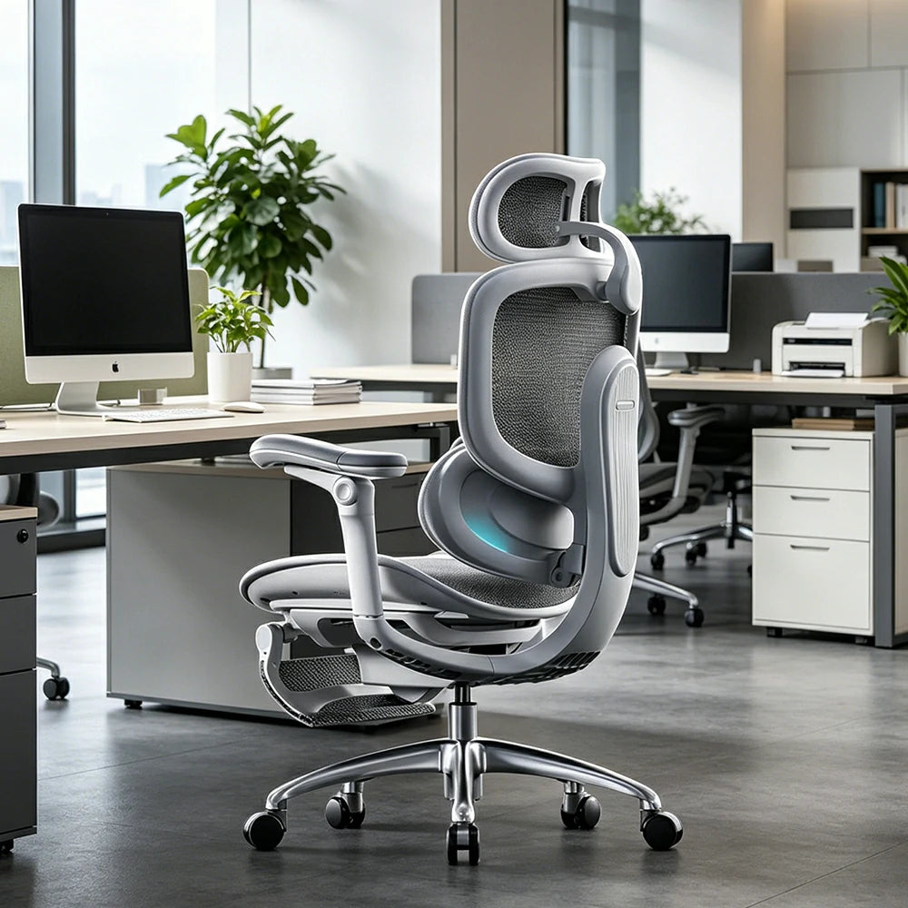 LUXORA Smart Ergonomic Mesh Office Chair Adjustable Headrest Reclining Chair with Lumbar Support for Home Office - White