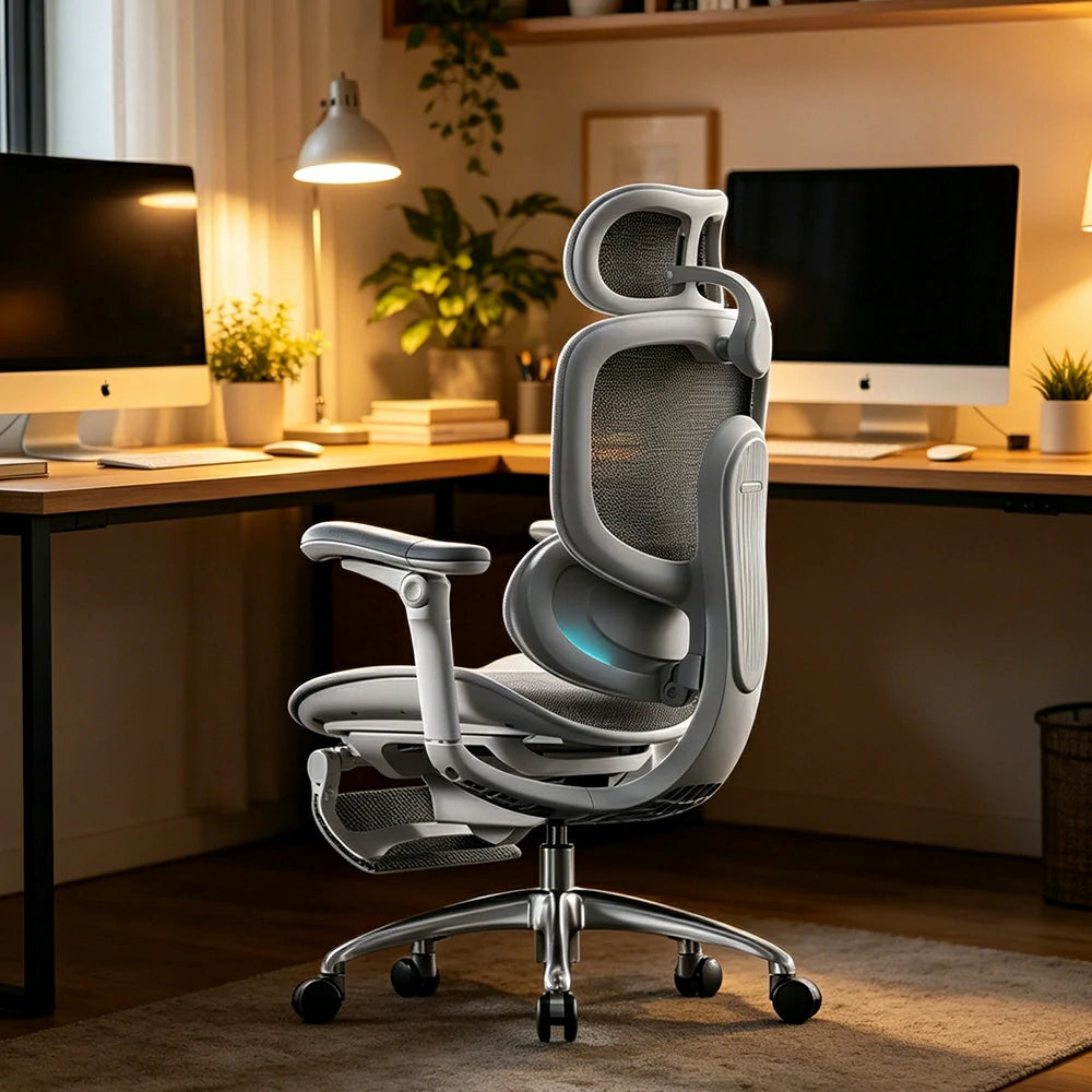 LUXORA Smart Ergonomic Mesh Office Chair Adjustable Headrest Reclining Chair with Lumbar Support for Home Office - White