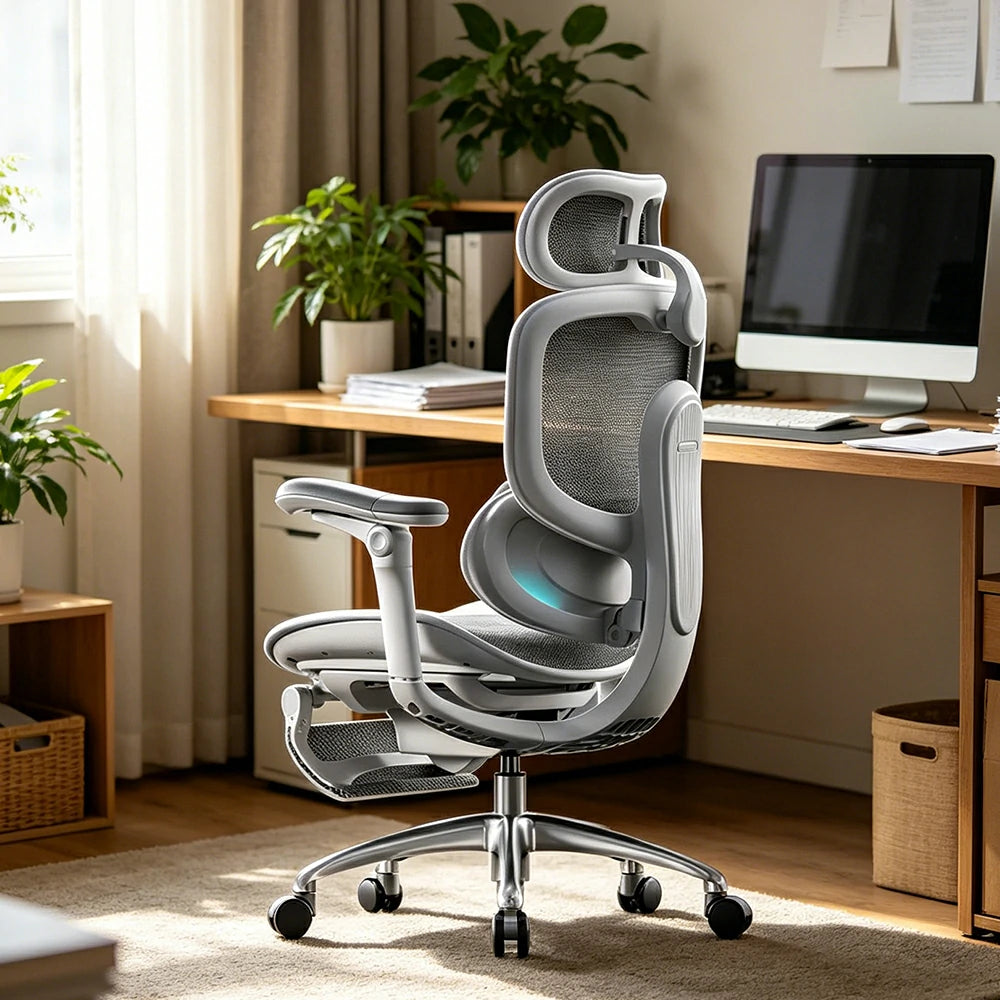 LUXORA Smart Ergonomic Mesh Office Chair Adjustable Headrest Reclining Chair with Lumbar Support for Home Office - White