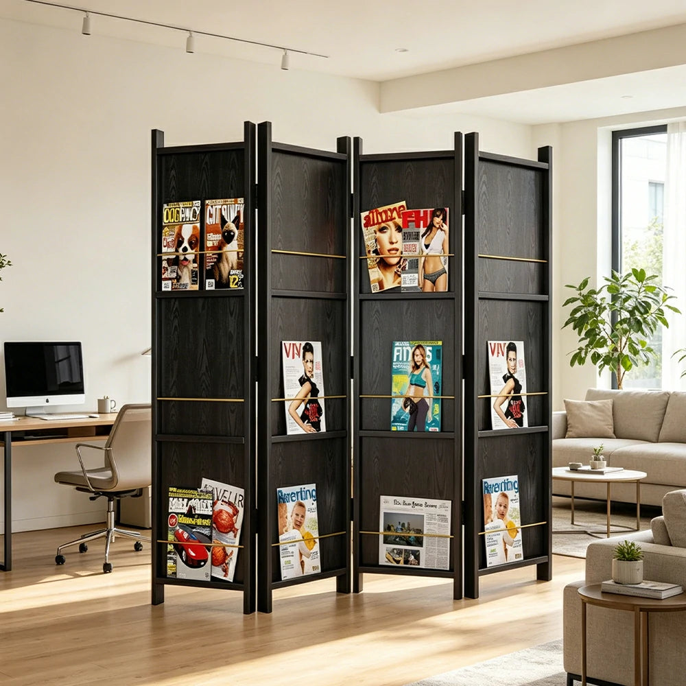 LUXORA 4 Panel Solid Wood Folding Room Divider - Pine Wood Privacy Screen for Living Room Bedroom Office Decor - Black