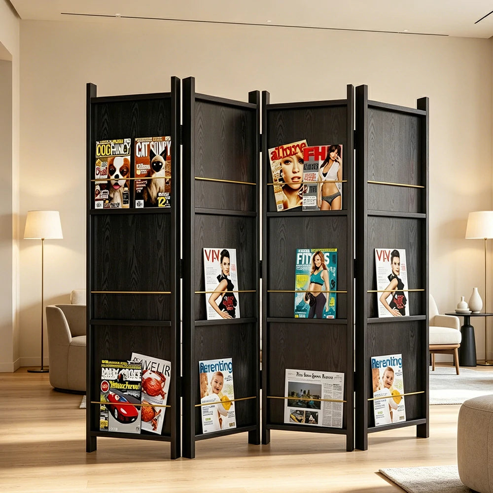 LUXORA 4 Panel Solid Wood Folding Room Divider - Pine Wood Privacy Screen for Living Room Bedroom Office Decor - Black