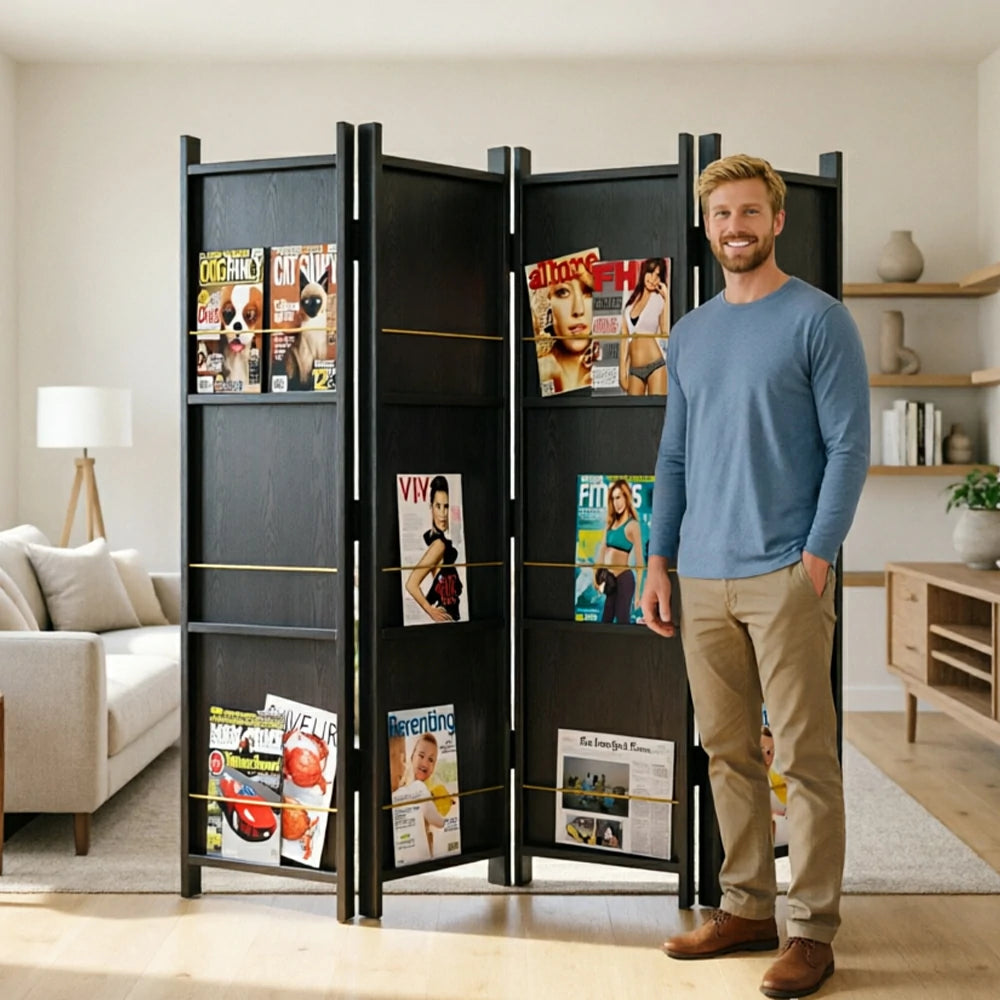 LUXORA 4 Panel Solid Wood Folding Room Divider - Pine Wood Privacy Screen for Living Room Bedroom Office Decor - Black