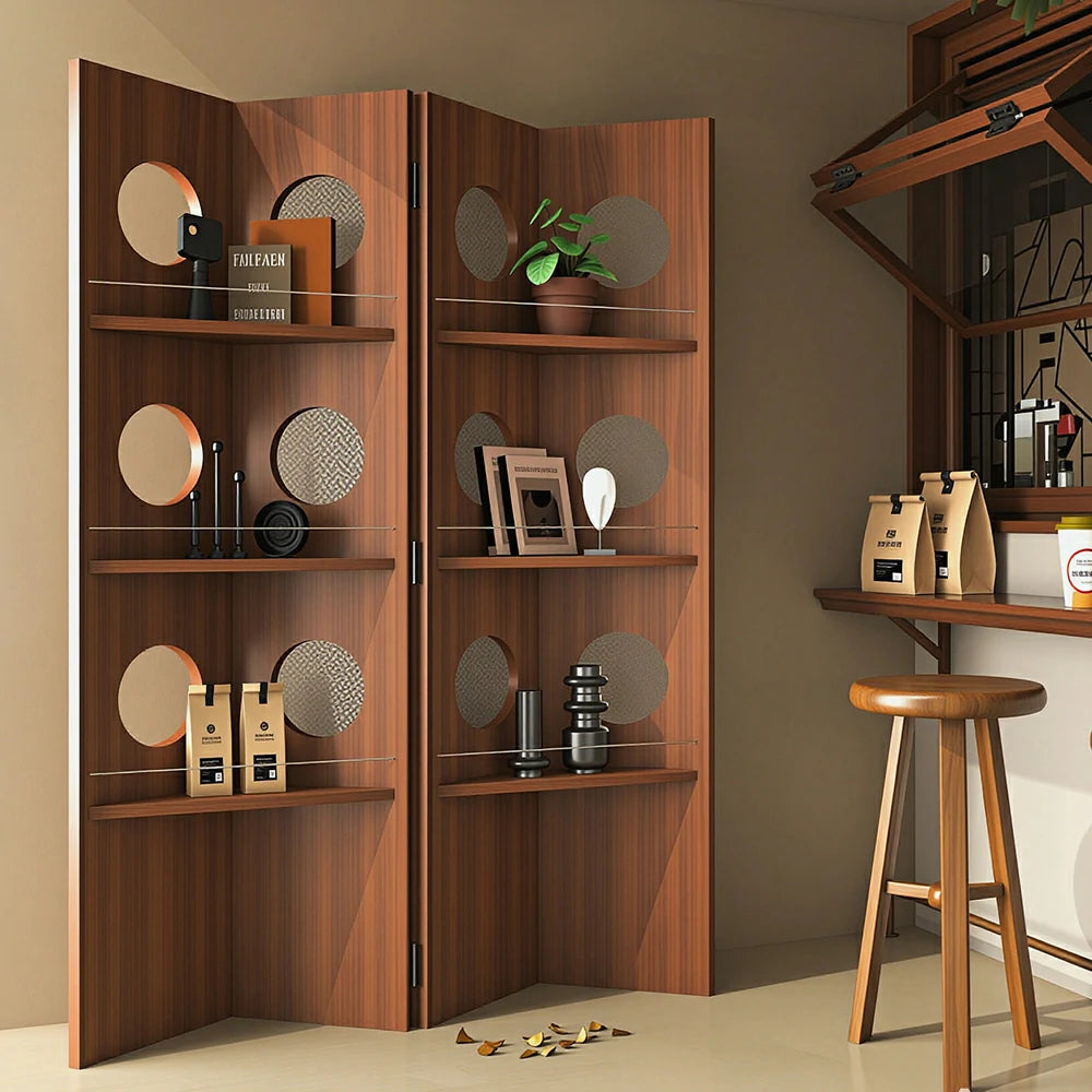LUXORA 2 Panel Vintage Folding Room Divider - Glass Display Shelf Screen with 3 Tier Storage Rack for Living Room Bedroom - Walnut