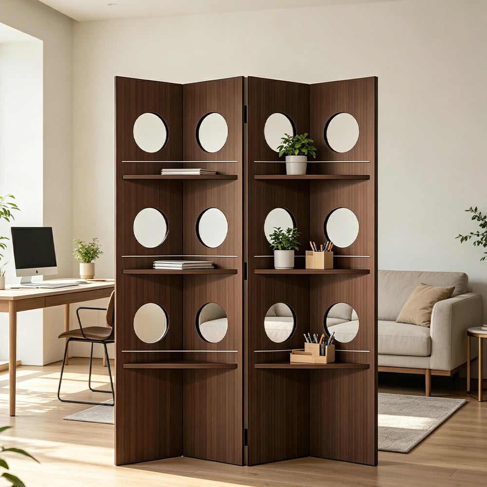 LUXORA 2 Panel Vintage Folding Room Divider - Glass Display Shelf Screen with 3 Tier Storage Rack for Living Room Bedroom - Walnut