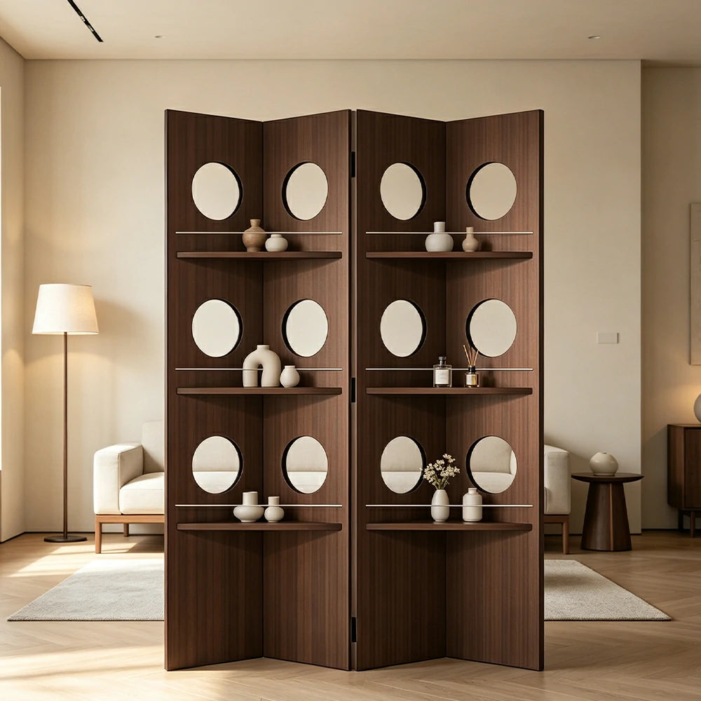 LUXORA 2 Panel Vintage Folding Room Divider - Glass Display Shelf Screen with 3 Tier Storage Rack for Living Room Bedroom - Walnut