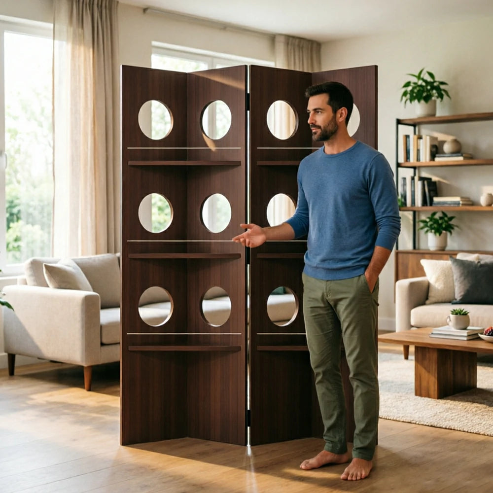 LUXORA 2 Panel Vintage Folding Room Divider - Glass Display Shelf Screen with 3 Tier Storage Rack for Living Room Bedroom - Walnut