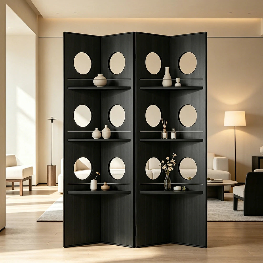 LUXORA 2 Panel Vintage Folding Room Divider - Glass Display Shelf Screen with 3 Tier Storage Rack for Living Room Bedroom - Black