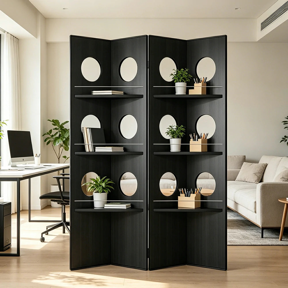 LUXORA 2 Panel Vintage Folding Room Divider - Glass Display Shelf Screen with 3 Tier Storage Rack for Living Room Bedroom - Black