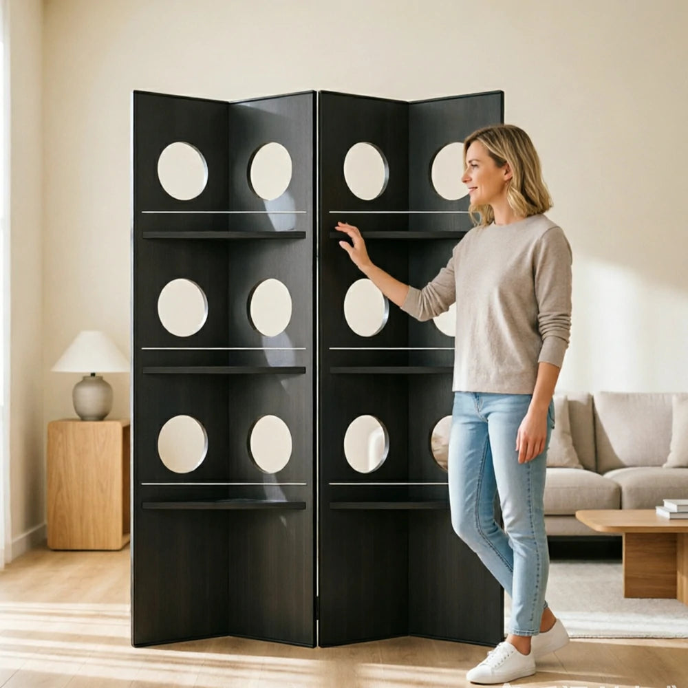 LUXORA 2 Panel Vintage Folding Room Divider - Glass Display Shelf Screen with 3 Tier Storage Rack for Living Room Bedroom - Black