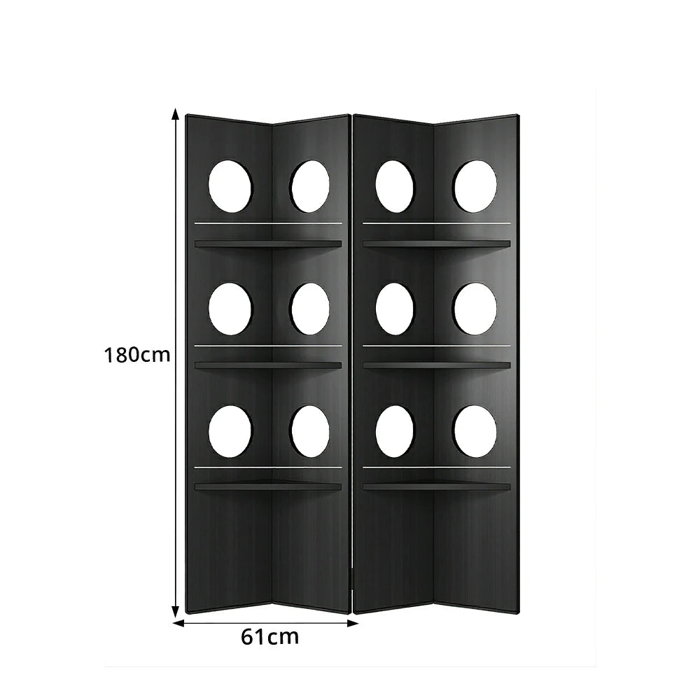 LUXORA 2 Panel Vintage Folding Room Divider - Glass Display Shelf Screen with 3 Tier Storage Rack for Living Room Bedroom - Black
