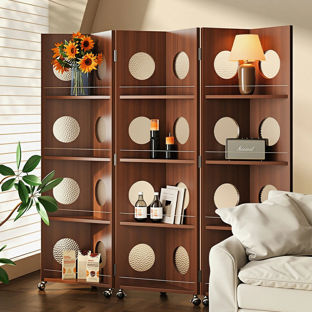 LUXORA 3 Panel Vintage Folding Room Divider - Glass Display Shelf with 4 Tier Rolling Storage Rack for Living Room Bedroom - Walnut