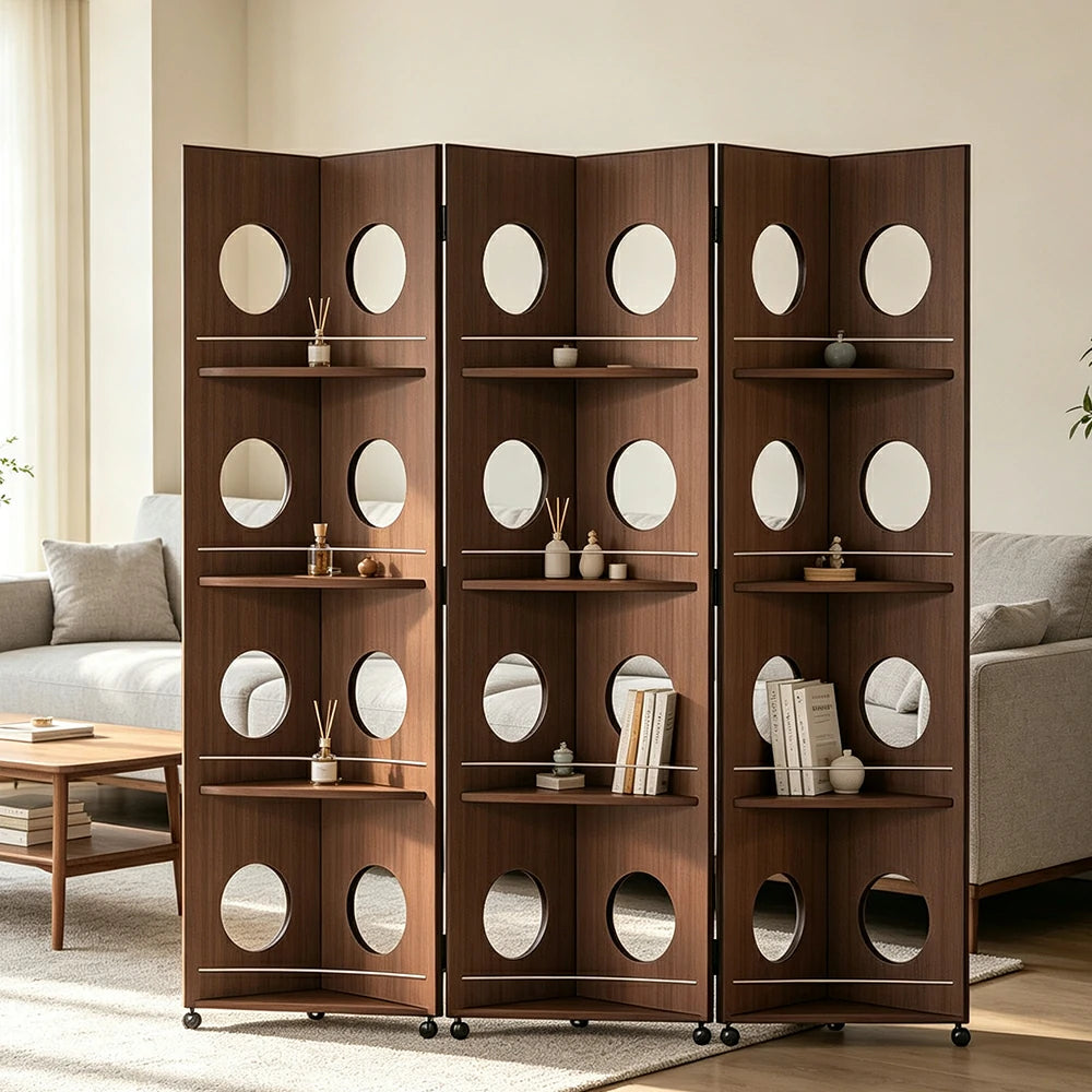 LUXORA 3 Panel Vintage Folding Room Divider - Glass Display Shelf with 4 Tier Rolling Storage Rack for Living Room Bedroom - Walnut