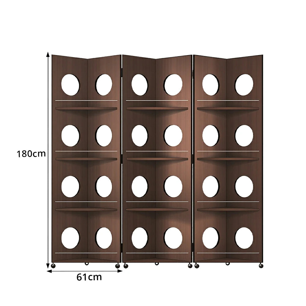 LUXORA 3 Panel Vintage Folding Room Divider - Glass Display Shelf with 4 Tier Rolling Storage Rack for Living Room Bedroom - Walnut