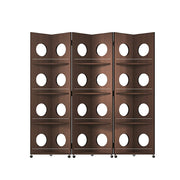 LUXORA 3 Panel Vintage Folding Room Divider - Glass Display Shelf with 4 Tier Rolling Storage Rack for Living Room Bedroom - Walnut
