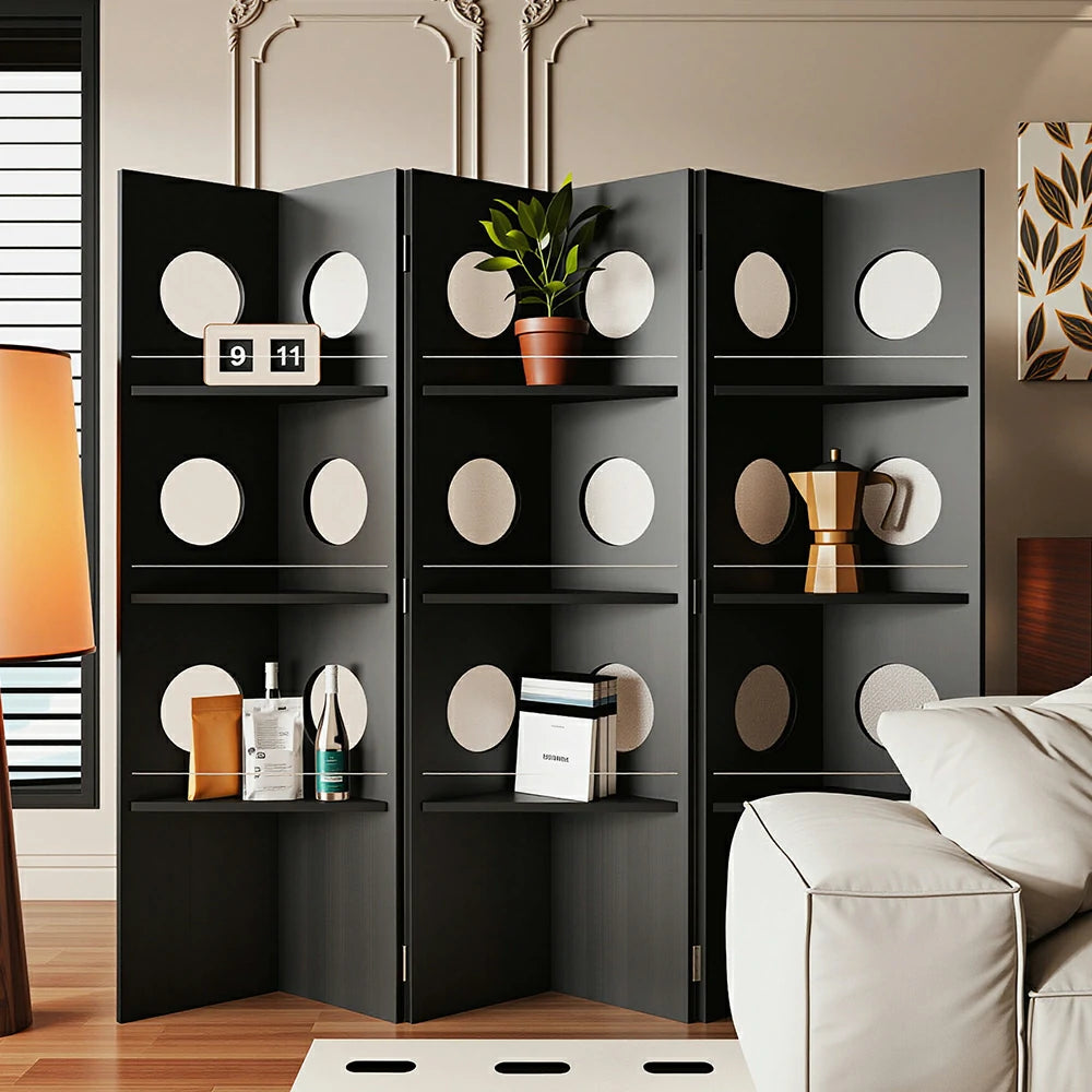 LUXORA 3 Panel Vintage Folding Room Divider - Glass Display Shelf with 4 Tier Rolling Storage Rack for Living Room Bedroom - Black