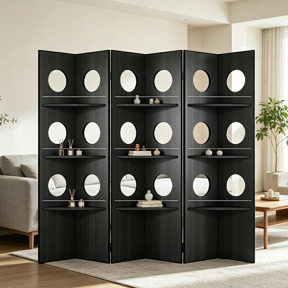 LUXORA 3 Panel Vintage Folding Room Divider - Glass Display Shelf with 4 Tier Rolling Storage Rack for Living Room Bedroom - Black
