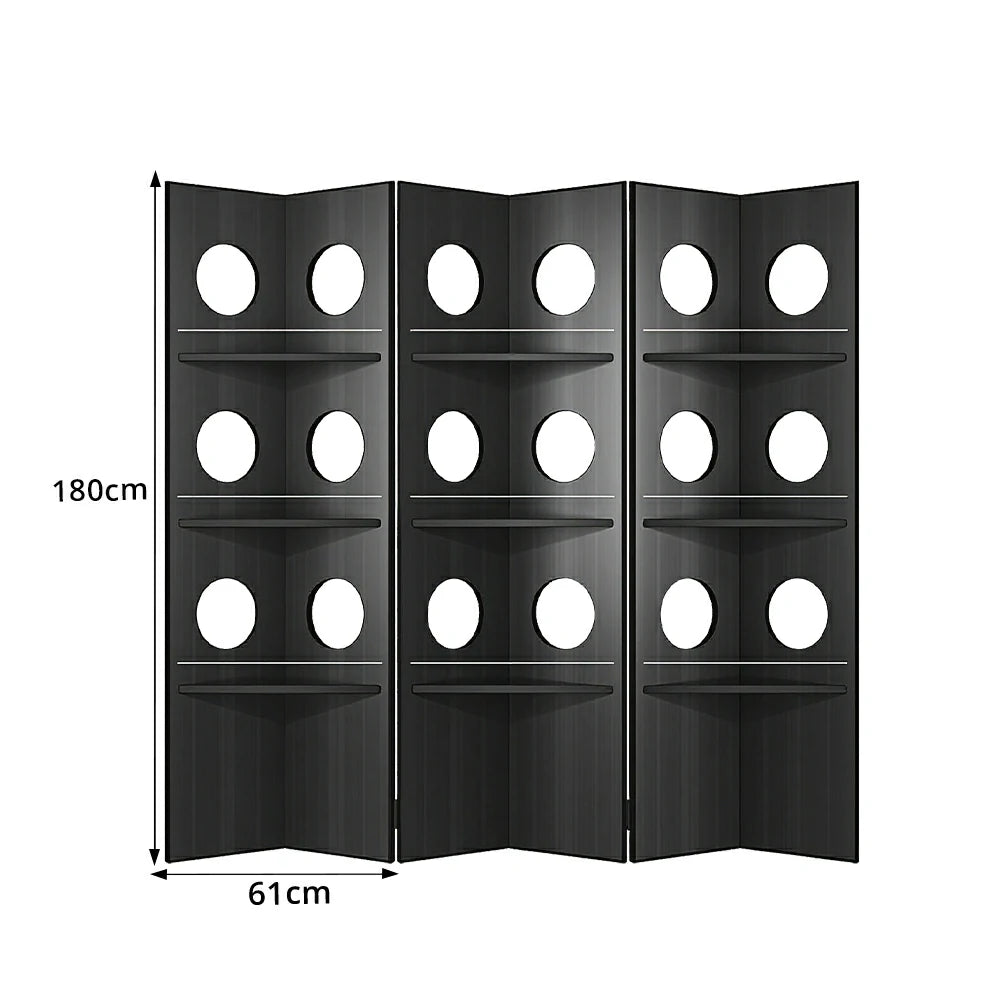 LUXORA 3 Panel Vintage Folding Room Divider - Glass Display Shelf with 4 Tier Rolling Storage Rack for Living Room Bedroom - Black