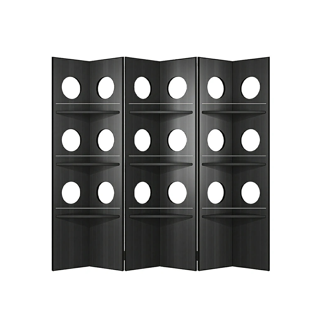 LUXORA 3 Panel Vintage Folding Room Divider - Glass Display Shelf with 4 Tier Rolling Storage Rack for Living Room Bedroom - Black