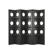 LUXORA 3 Panel Vintage Folding Room Divider - Glass Display Shelf with 4 Tier Rolling Storage Rack for Living Room Bedroom - Black