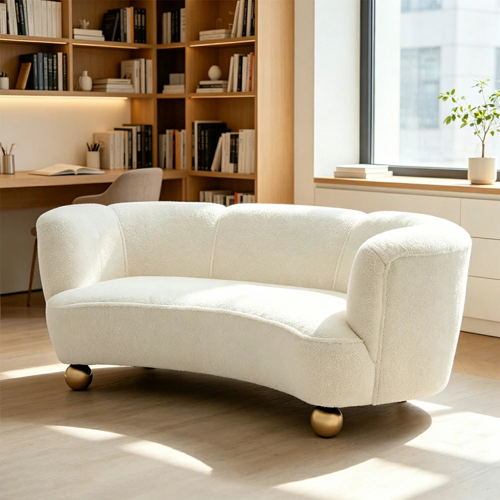 LUXORA Sherpa Fleece Leisure Sofa with Larch Wood Frame and High-resilience Latex Cushion 170/210cm for Living Room Study and Balcony - White