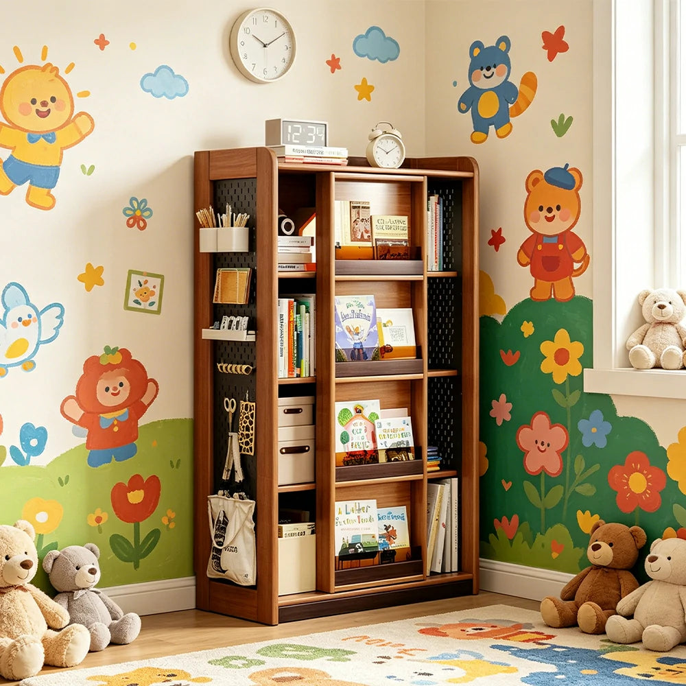 LUXORA 4-Tier Kids Picture Book Storage Cabinet with Pegboard and Sliding Bookshelf for Children's Room and Study