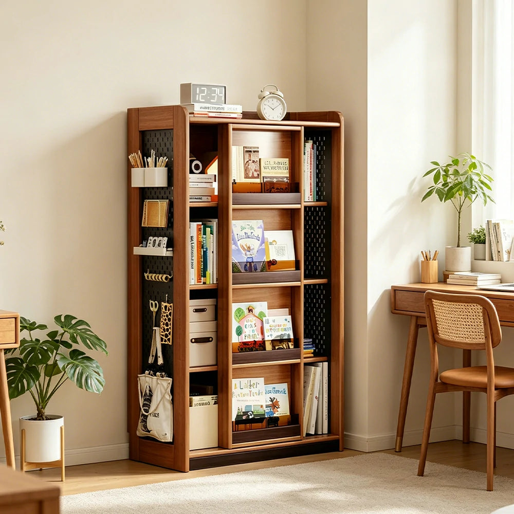 LUXORA 4-Tier Kids Picture Book Storage Cabinet with Pegboard and Sliding Bookshelf for Children's Room and Study