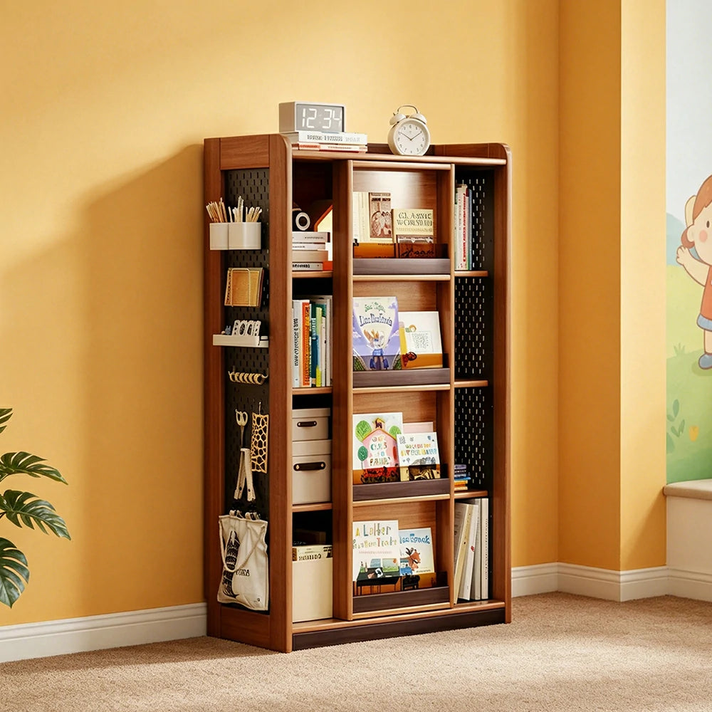 LUXORA 4-Tier Kids Picture Book Storage Cabinet with Pegboard and Sliding Bookshelf for Children's Room and Study