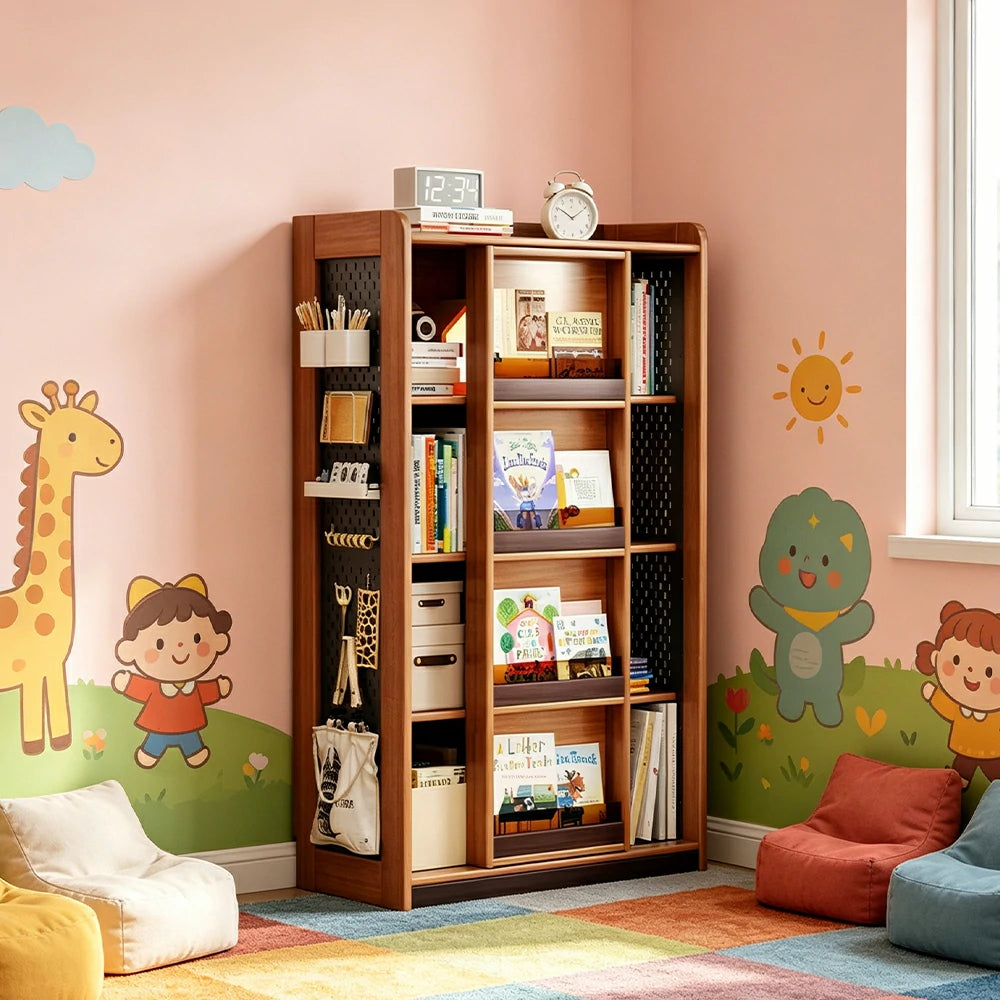 LUXORA 4-Tier Kids Picture Book Storage Cabinet with Pegboard and Sliding Bookshelf for Children's Room and Study