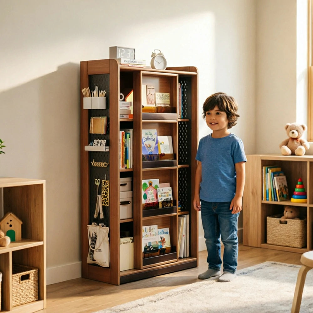 LUXORA 4-Tier Kids Picture Book Storage Cabinet with Pegboard and Sliding Bookshelf for Children's Room and Study