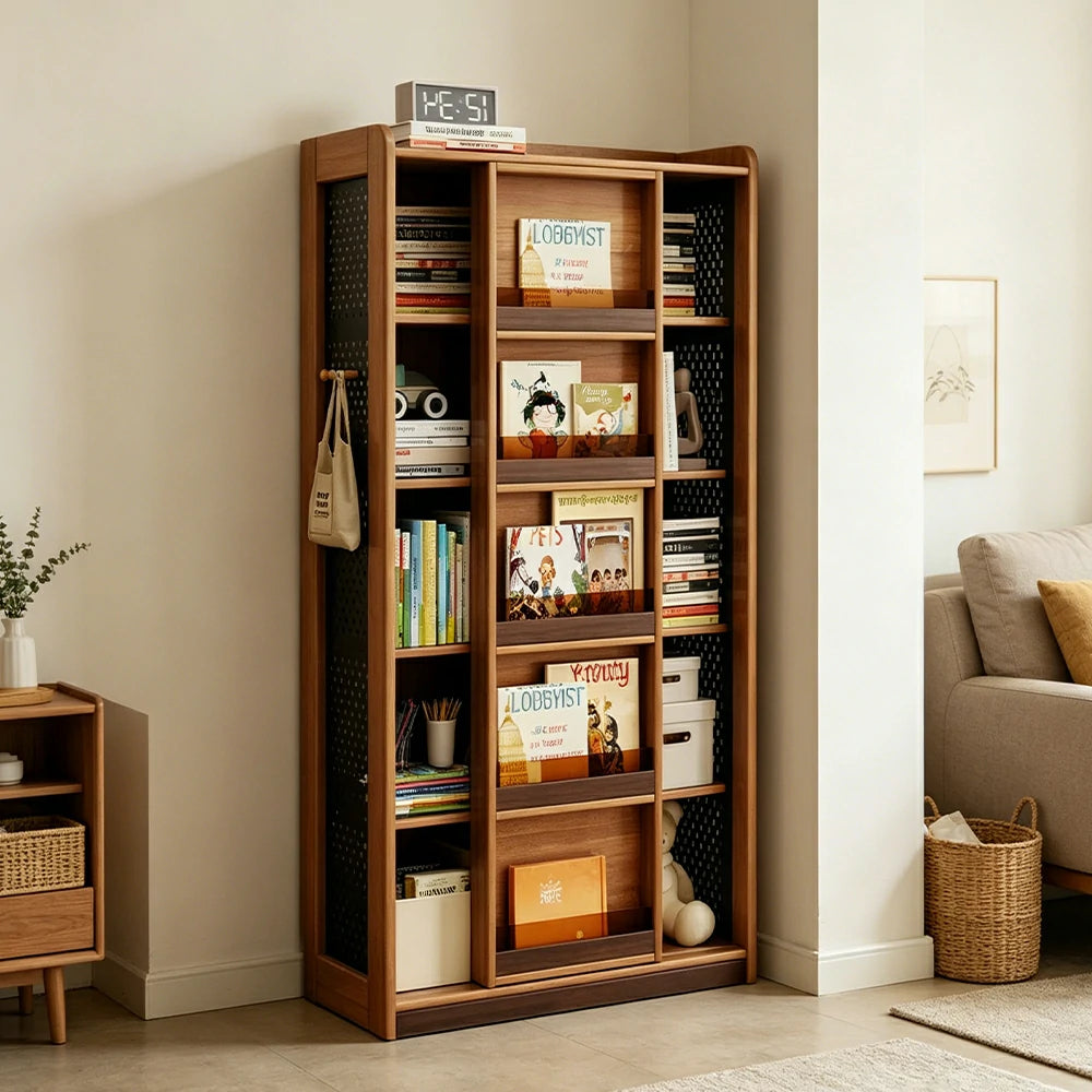 LUXORA 5-Tier Kids Picture Book Storage Cabinet with Pegboard and Sliding Bookshelf for Children's Room and Study