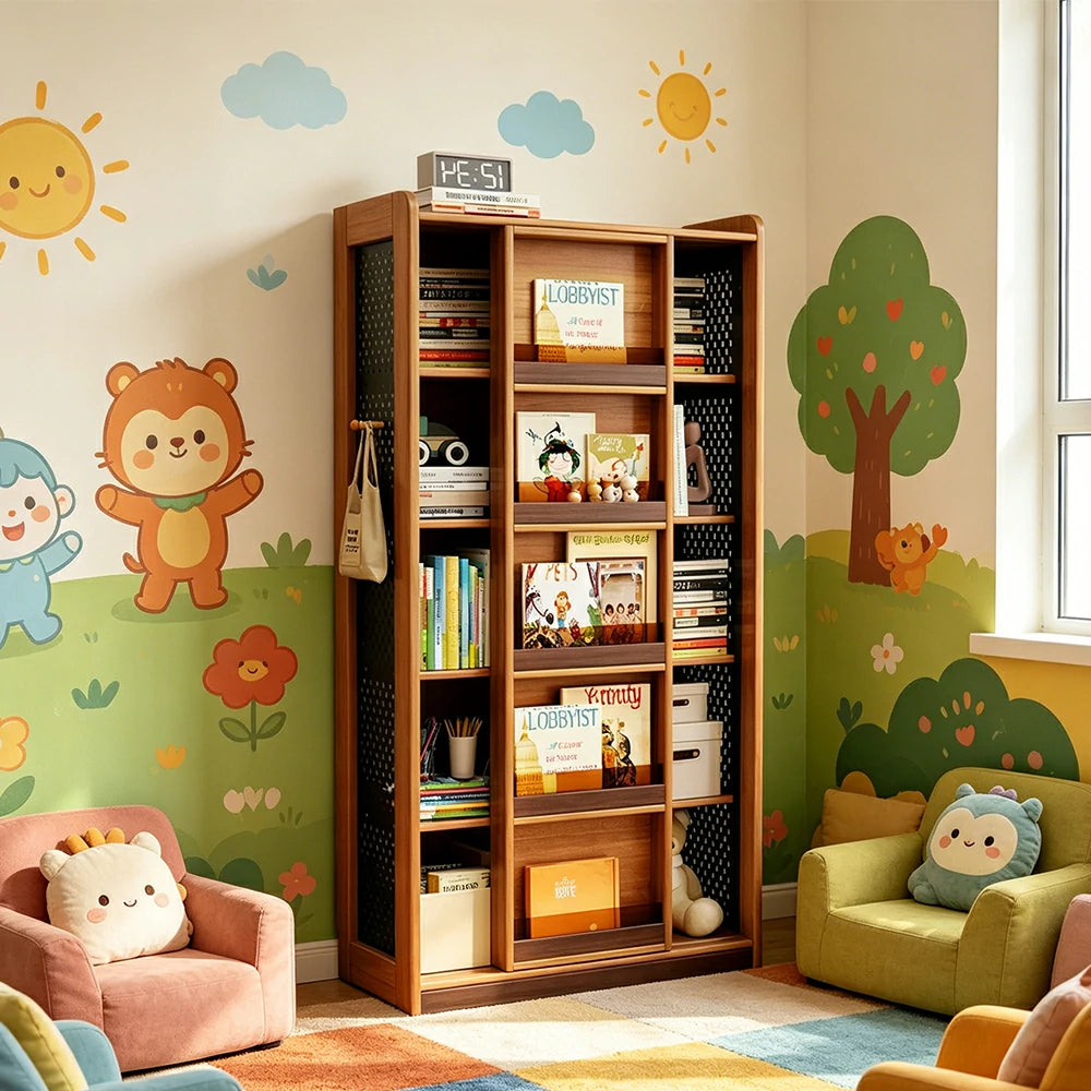 LUXORA 5-Tier Kids Picture Book Storage Cabinet with Pegboard and Sliding Bookshelf for Children's Room and Study