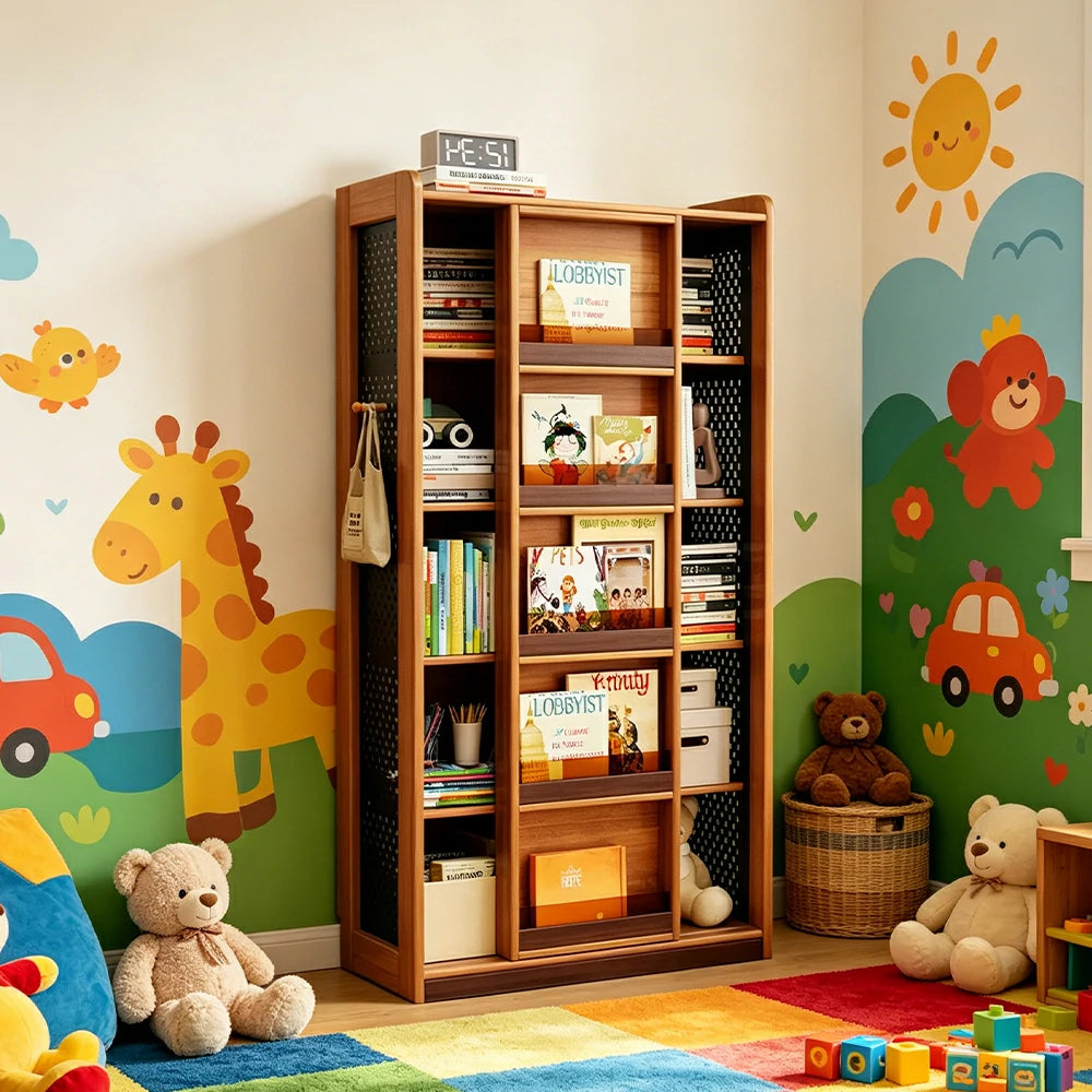 LUXORA 5-Tier Kids Picture Book Storage Cabinet with Pegboard and Sliding Bookshelf for Children's Room and Study