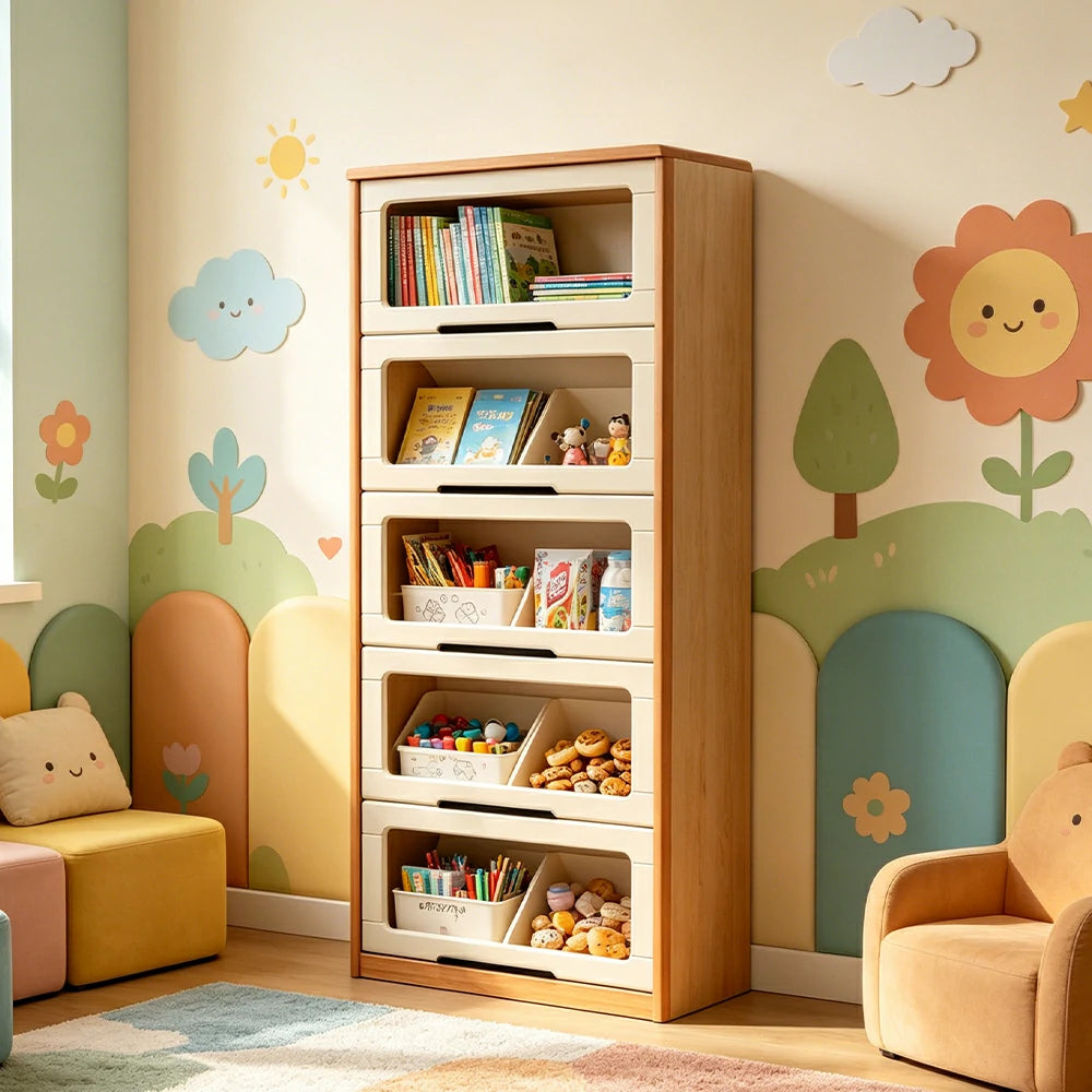 LUXORA 5-Tier Flip Door Solid Wood Bookcase with Cherry Wood Frame for Kids Room Study and Reading Space