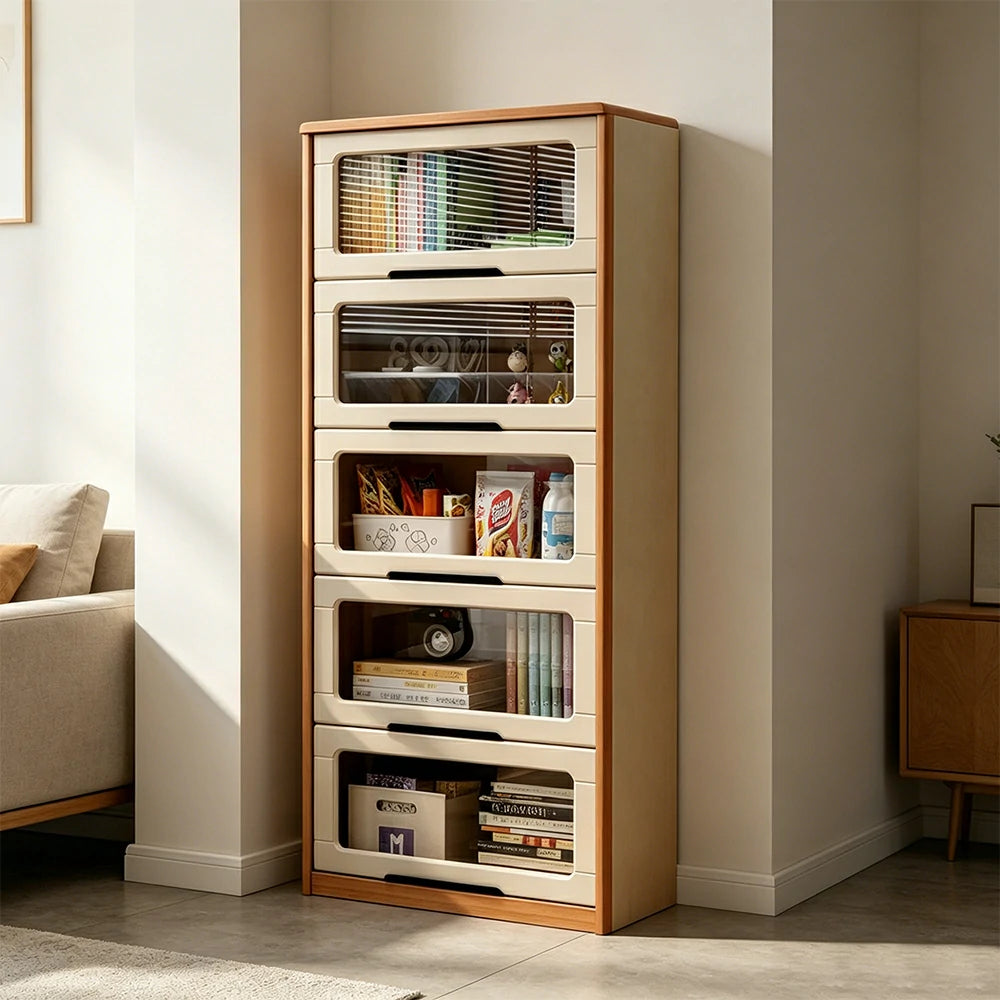 LUXORA 5-Tier Flip Door Solid Wood Bookcase with Cherry Wood Frame for Kids Room Study and Reading Space