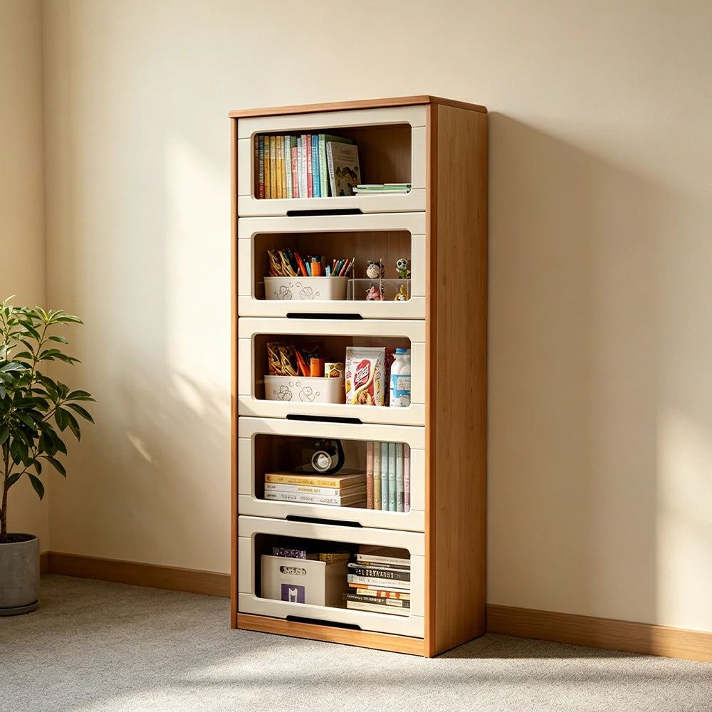 LUXORA 5-Tier Flip Door Solid Wood Bookcase with Cherry Wood Frame for Kids Room Study and Reading Space