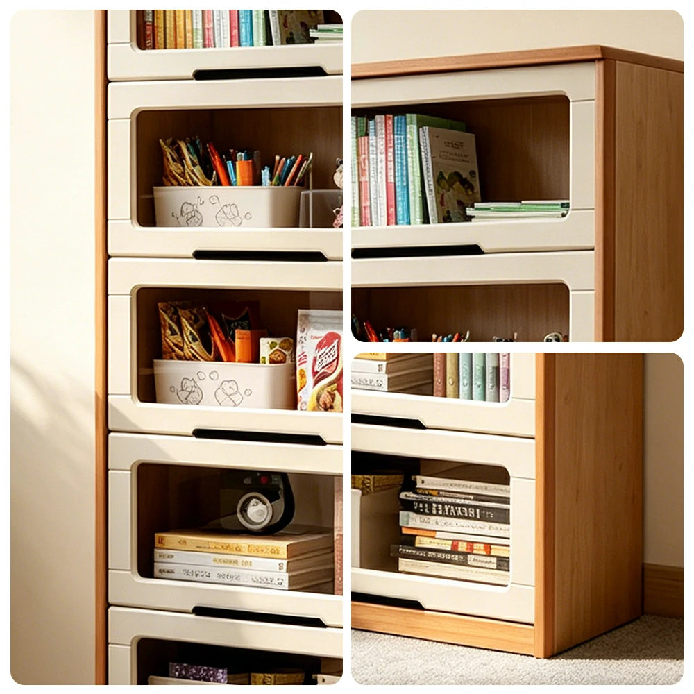 LUXORA 5-Tier Flip Door Solid Wood Bookcase with Cherry Wood Frame for Kids Room Study and Reading Space
